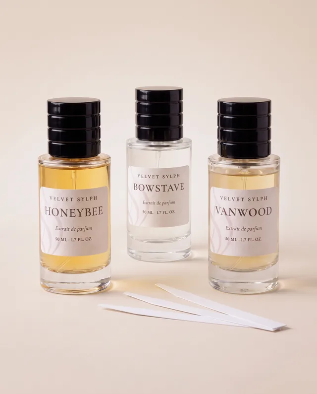 Three Velvet Sylph bottles, Honeybee, Bowstave and Vanwood, with blank scent strips