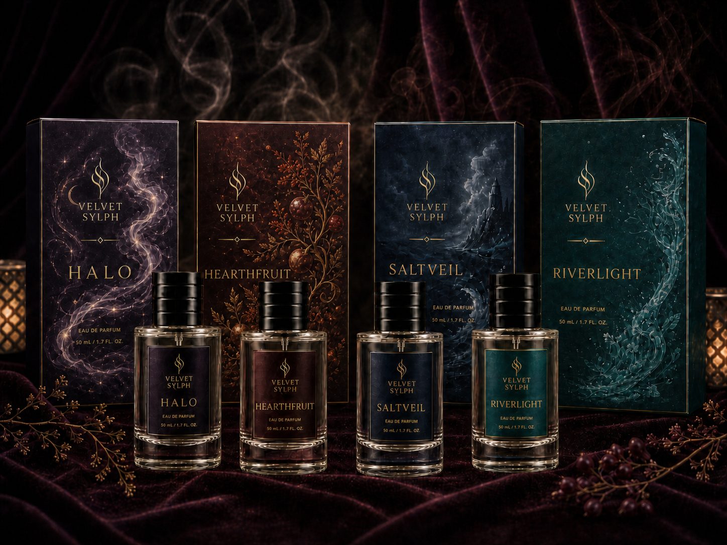 Velvet Sylph — the four bottles and packaging set against velvet drape
