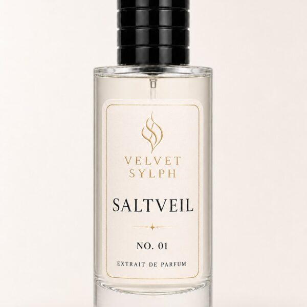 Saltveil, a 50 mL extrait de parfum in a clear glass bottle with a black cap