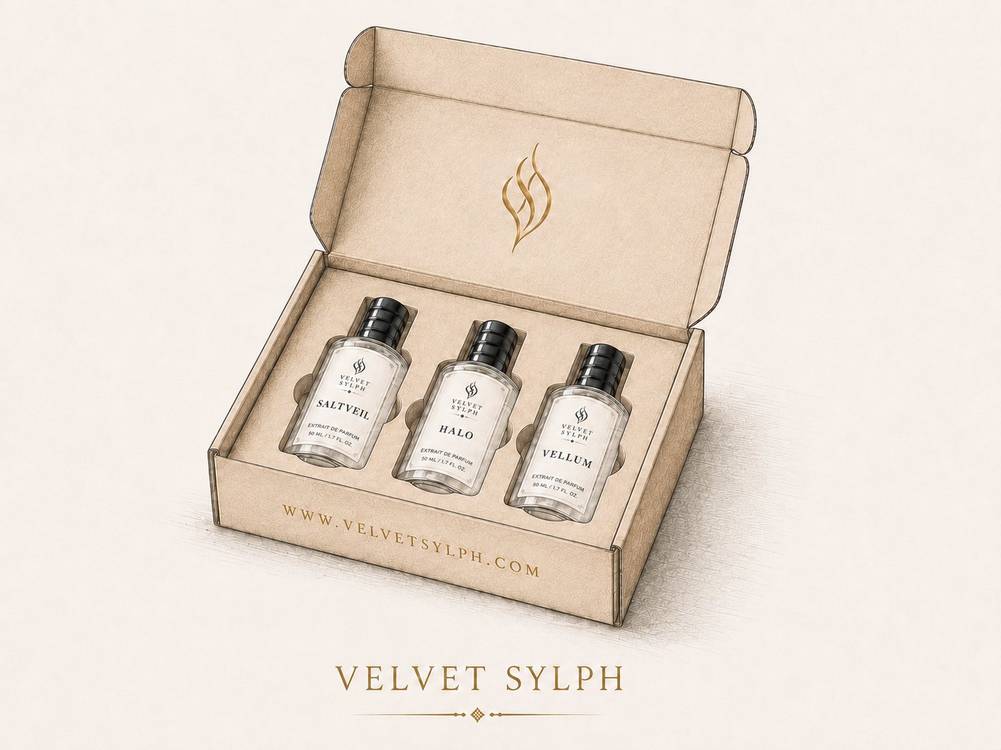 The Three: a Velvet Sylph box holding three 50 mL extrait de parfum bottles