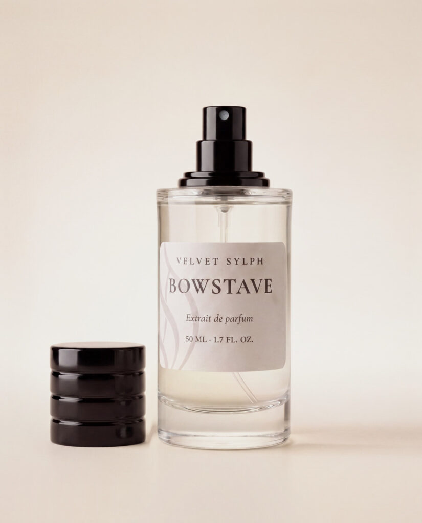Bowstave extrait de parfum with the cap off, sprayer showing