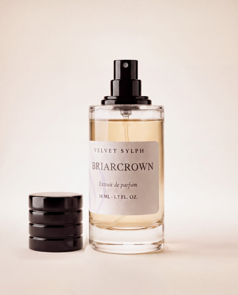 Briarcrown extrait de parfum uncapped, the black cap resting beside the bottle