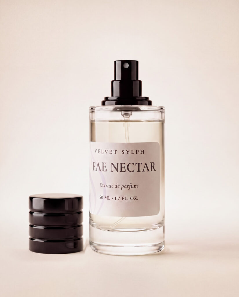 Fae Nectar extrait de parfum uncapped, the black cap resting beside the bottle