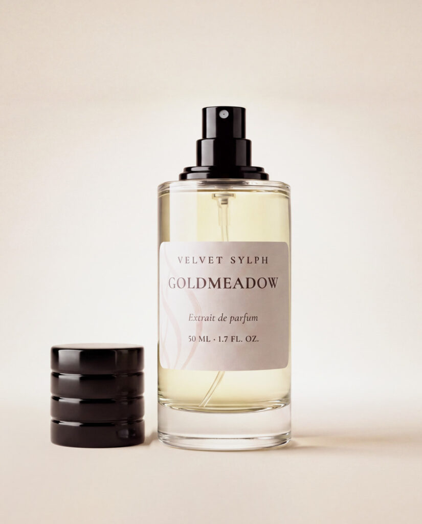 Goldmeadow extrait de parfum with the cap off, sprayer showing