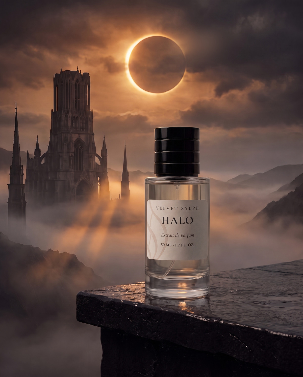 Halo extrait de parfum on a cliff ledge beneath a solar eclipse