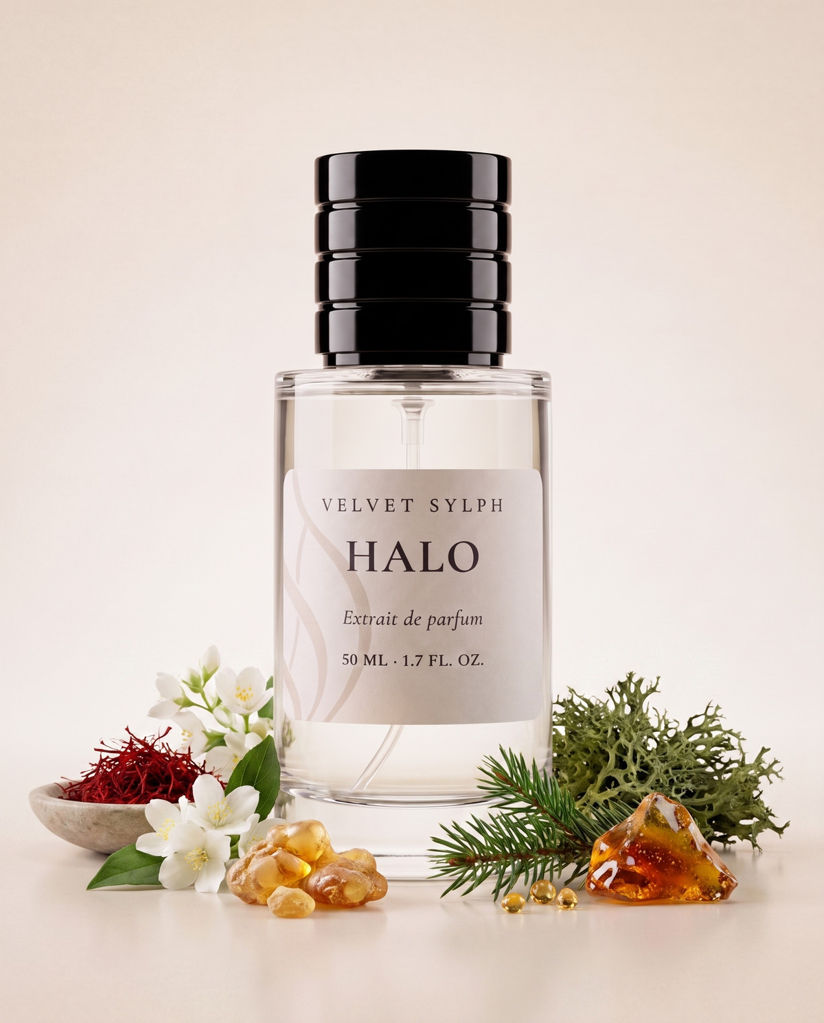 Halo extrait de parfum, cap on, surrounded by its notes: saffron, jasmine, amberwood, ambergris, ambroxan, cedarwood