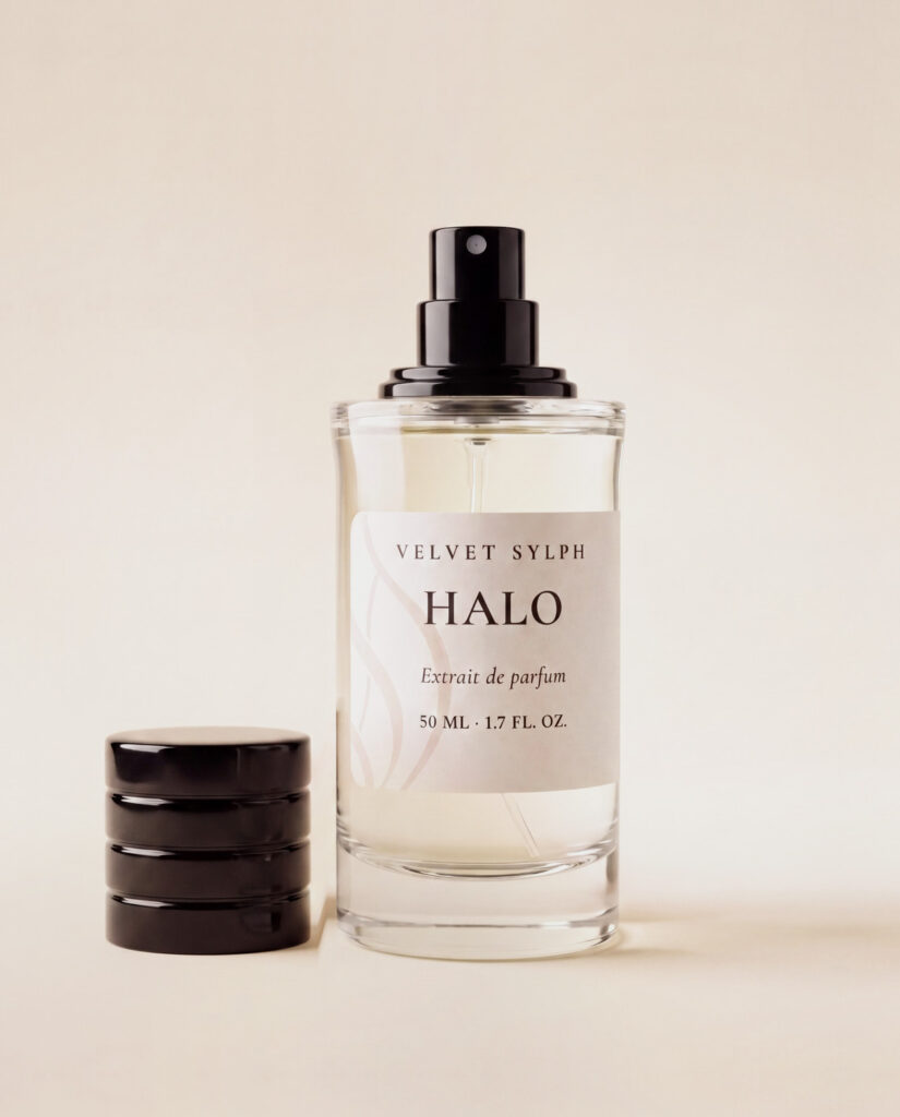 Halo extrait de parfum with the cap off, sprayer showing