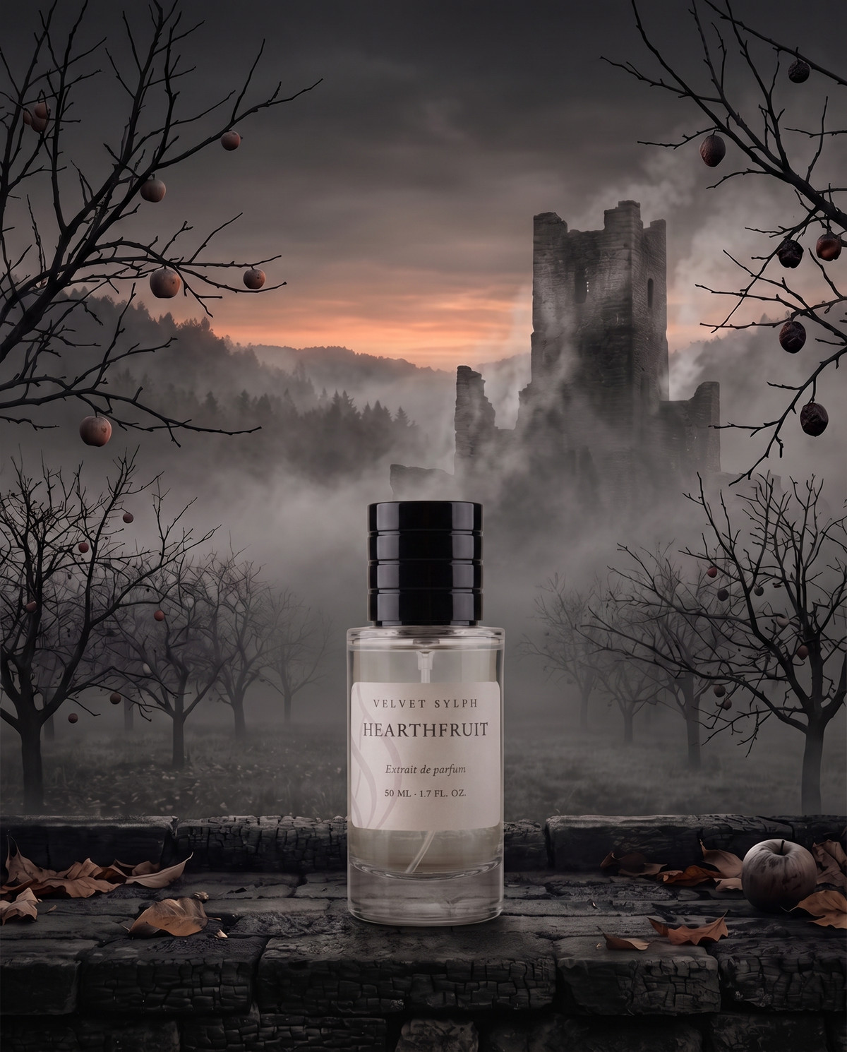 Hearthfruit extrait de parfum in a misted orchard at dusk