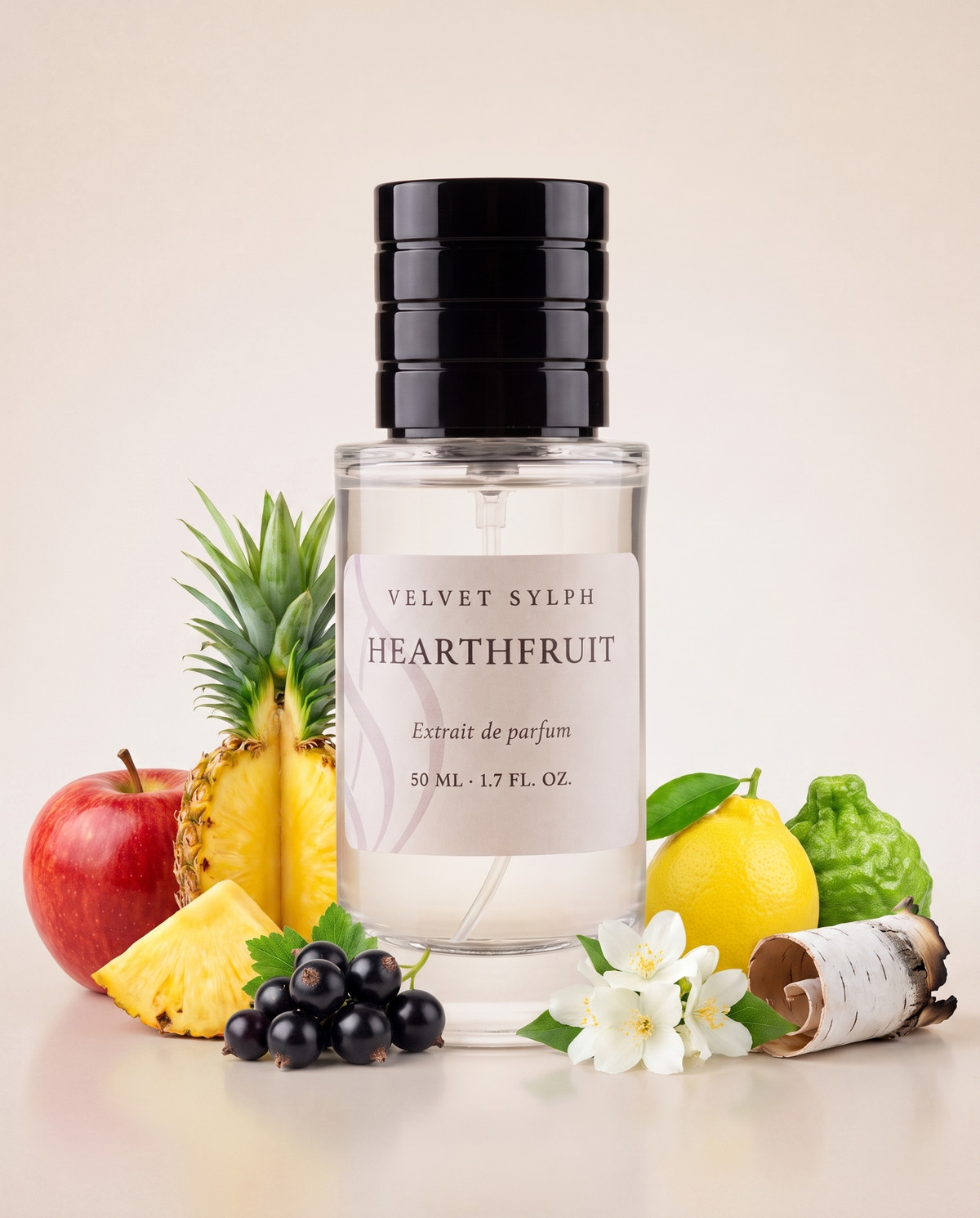 Hearthfruit extrait de parfum, cap on, surrounded by its notes: bergamot, blackcurrant, apple, pineapple, patchouli, birch tar, musk