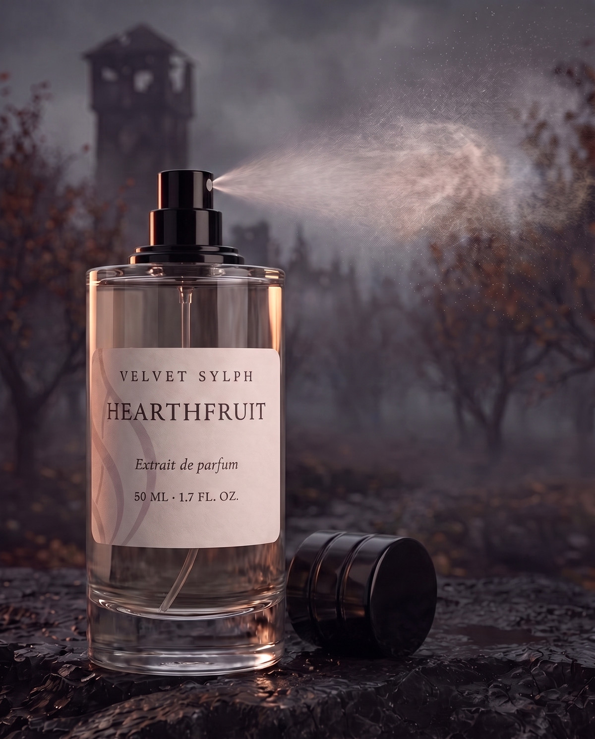Hearthfruit extrait de parfum mid-spray, the black cap resting beside the bottle