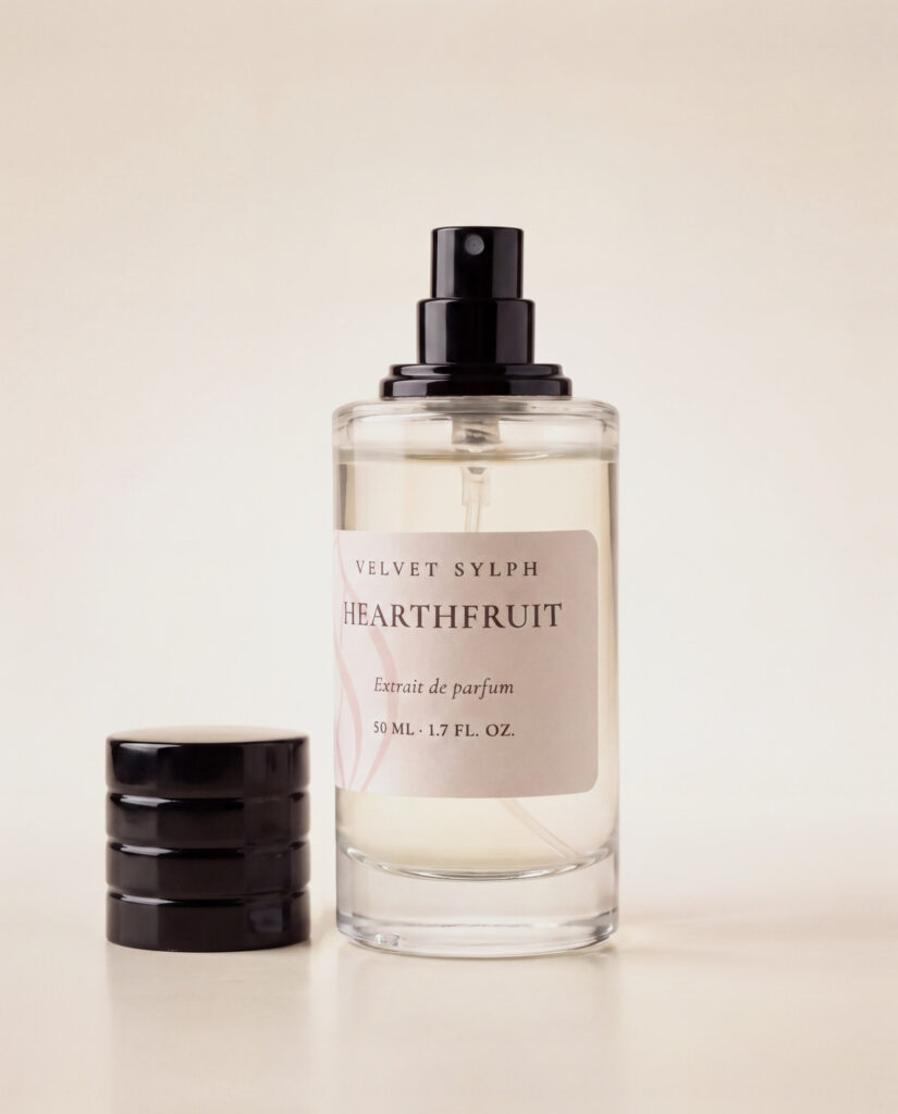 Hearthfruit extrait de parfum with the cap off, sprayer showing