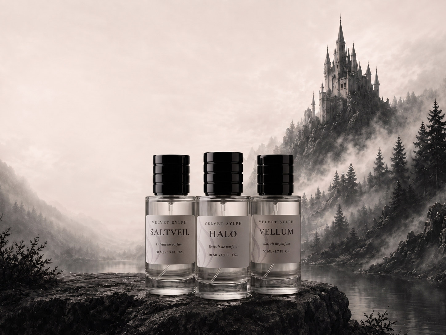 Three Velvet Sylph extraits de parfum, Saltveil, Halo and Vellum, standing on a wet stone above a still lake