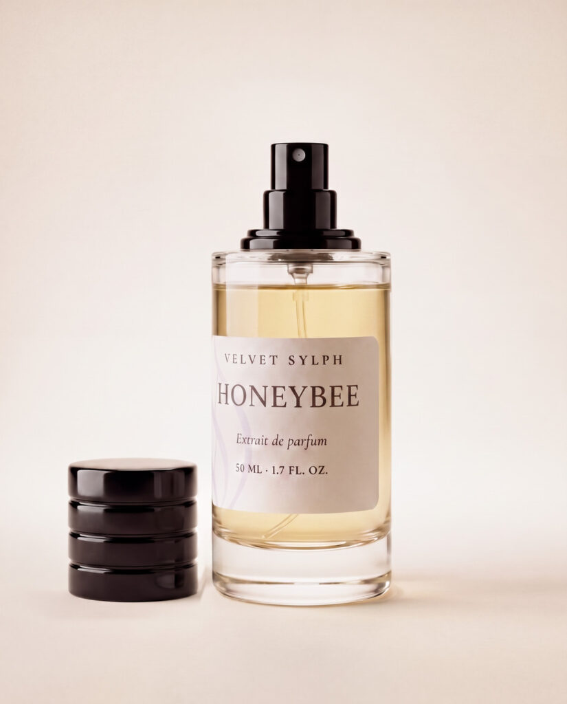Honeybee extrait de parfum uncapped, the black cap resting beside the bottle