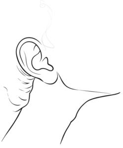 A study of an ear and jaw, with a curl of scent rising: apply behind the ear.