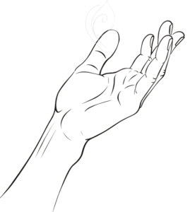 A study of an upturned open wrist, with a curl of scent rising: apply inside the wrist.