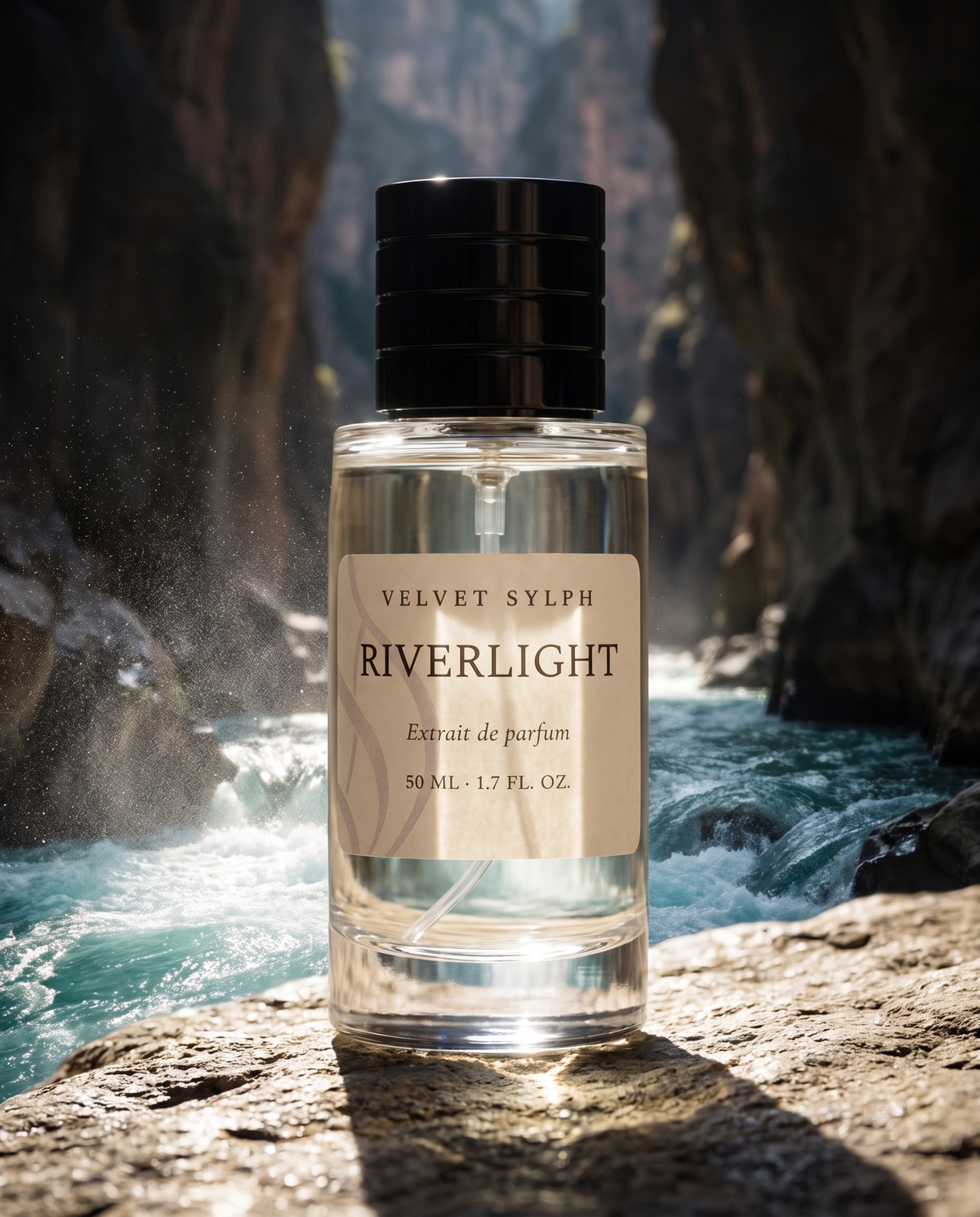 Riverlight extrait de parfum on a sunlit rock in a river canyon above turquoise water