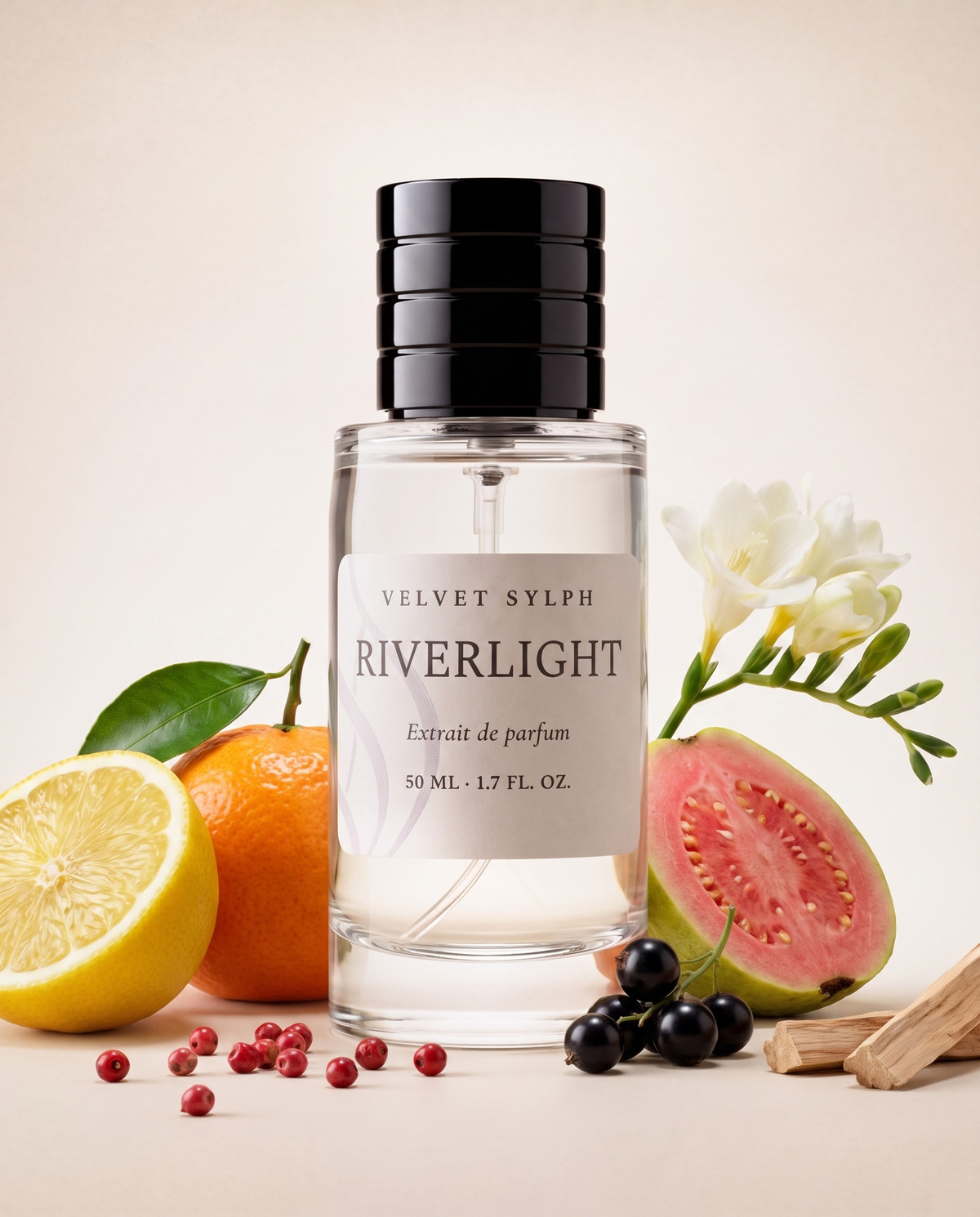 Riverlight extrait de parfum, cap on, surrounded by its notes: lemon, mandarin, pink pepper, guava, freesia, clearwood, cedar