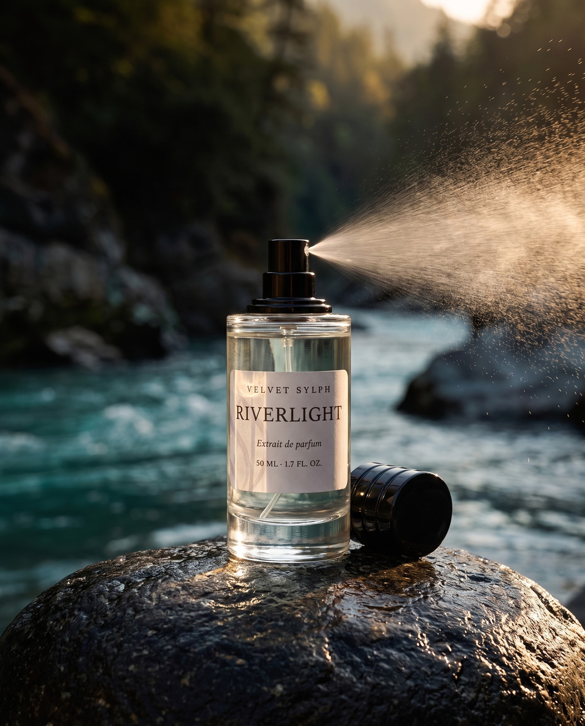 Riverlight extrait de parfum mid-spray above a turquoise river, the black cap resting beside the bottle
