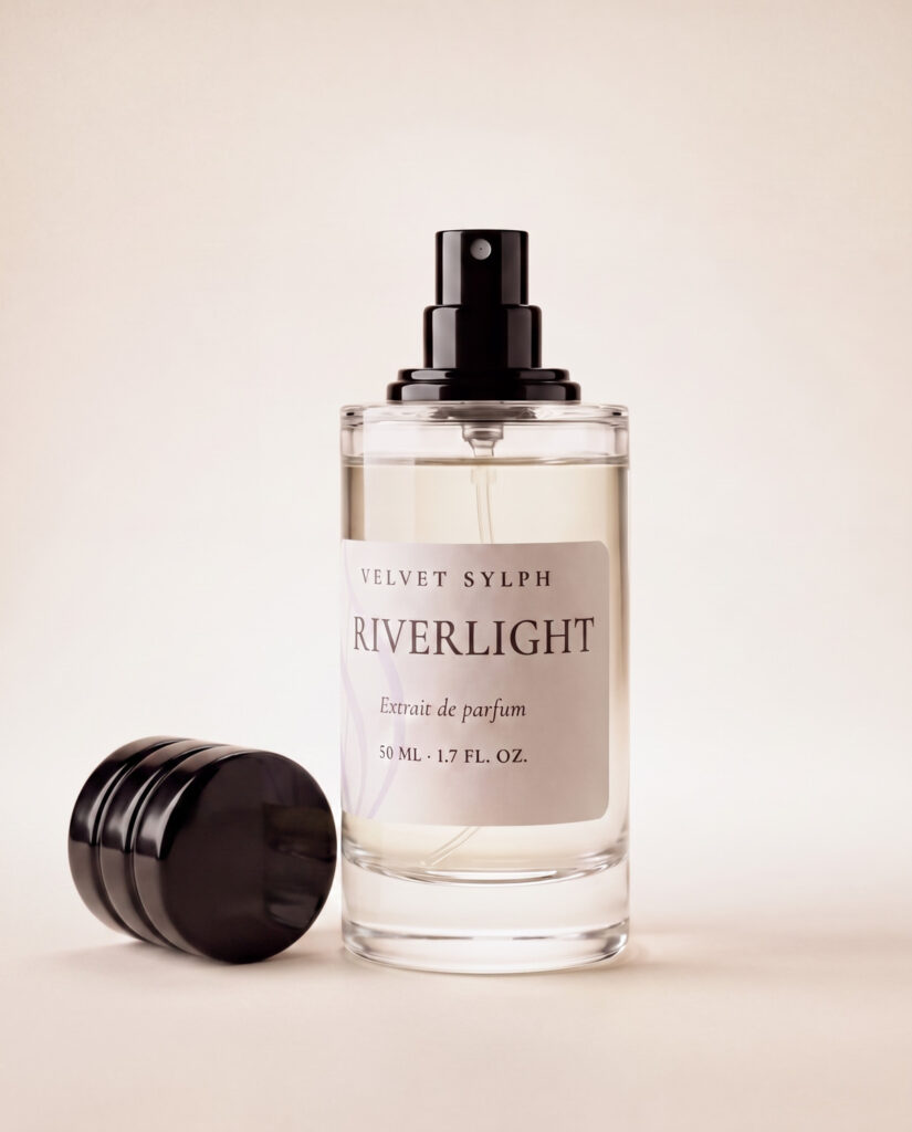 Riverlight extrait de parfum uncapped, the black cap resting beside the bottle