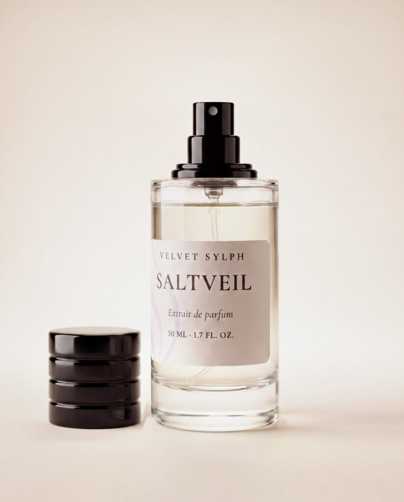 Saltveil extrait de parfum with the cap off, sprayer showing