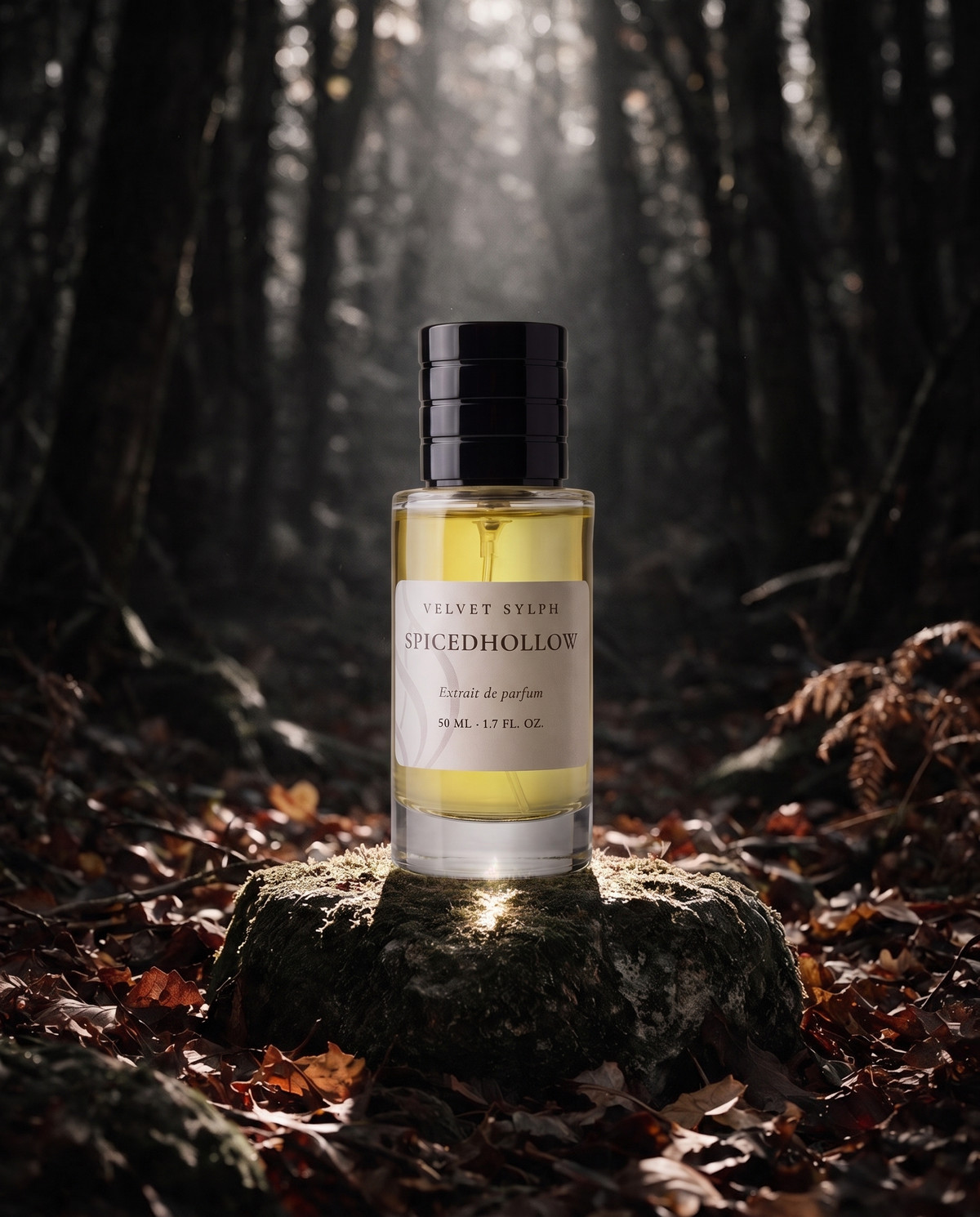 Spicedhollow extrait de parfum on a mossy stone in a wooded hollow