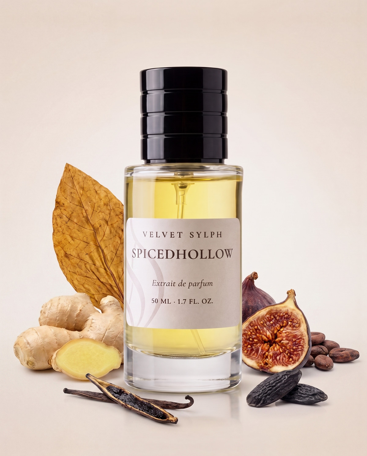 Spicedhollow extrait de parfum, cap on, surrounded by its notes: tobacco leaf, ginger, vanilla, cocoa, dried fig, sweet woods
