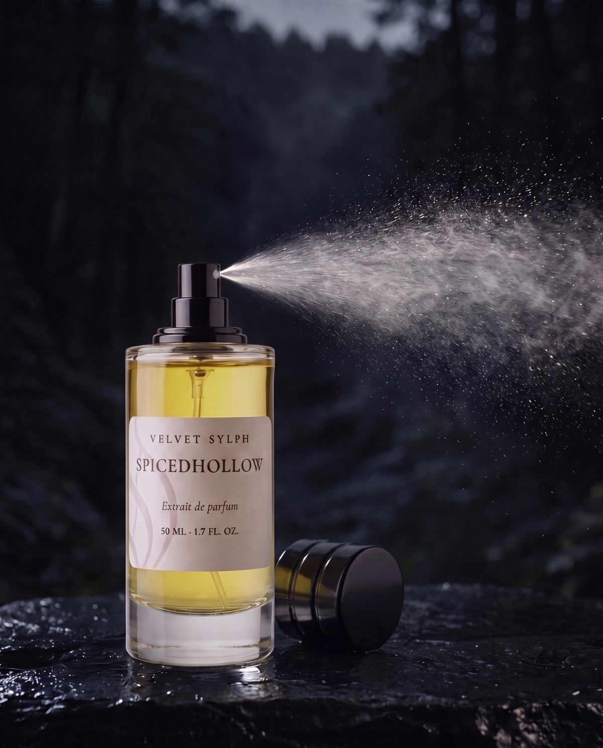 Spicedhollow extrait de parfum mid-spray, the black cap resting beside the bottle