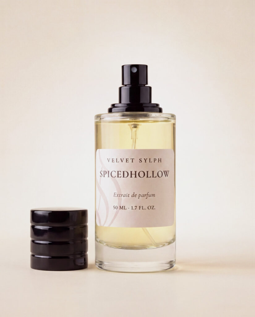 Spicedhollow extrait de parfum with the cap off, sprayer showing