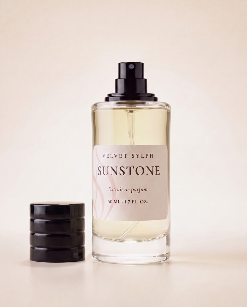 Sunstone extrait de parfum with the cap off, sprayer showing