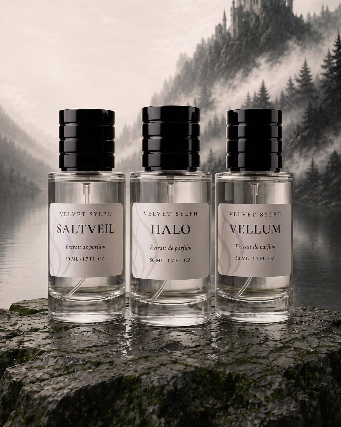 Three Velvet Sylph bottles: Saltveil, Halo and Vellum, 50 mL extrait de parfum
