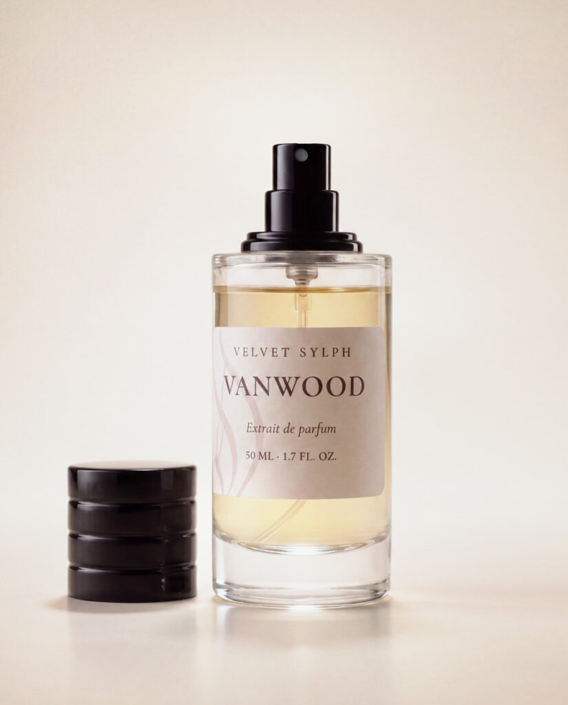 Vanwood extrait de parfum with the cap off, sprayer showing
