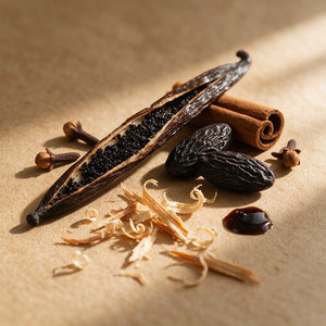 Vanilla, Tonka Bean, Cinnamon, Peru Balsam, Benzoin, Sandalwood, Cloves, Cedar, Patchouli, Vetiver, the dry-down of Morello.