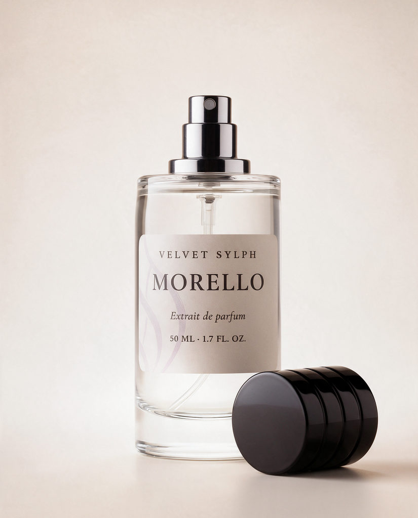 Morello extrait de parfum uncapped, the black cap resting beside the bottle