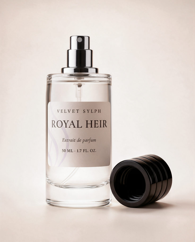 Royal Heir extrait de parfum uncapped, the black cap resting beside the bottle